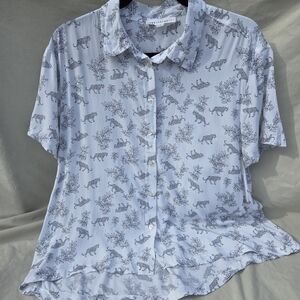 White Button-Up Shirt with Tiger Print